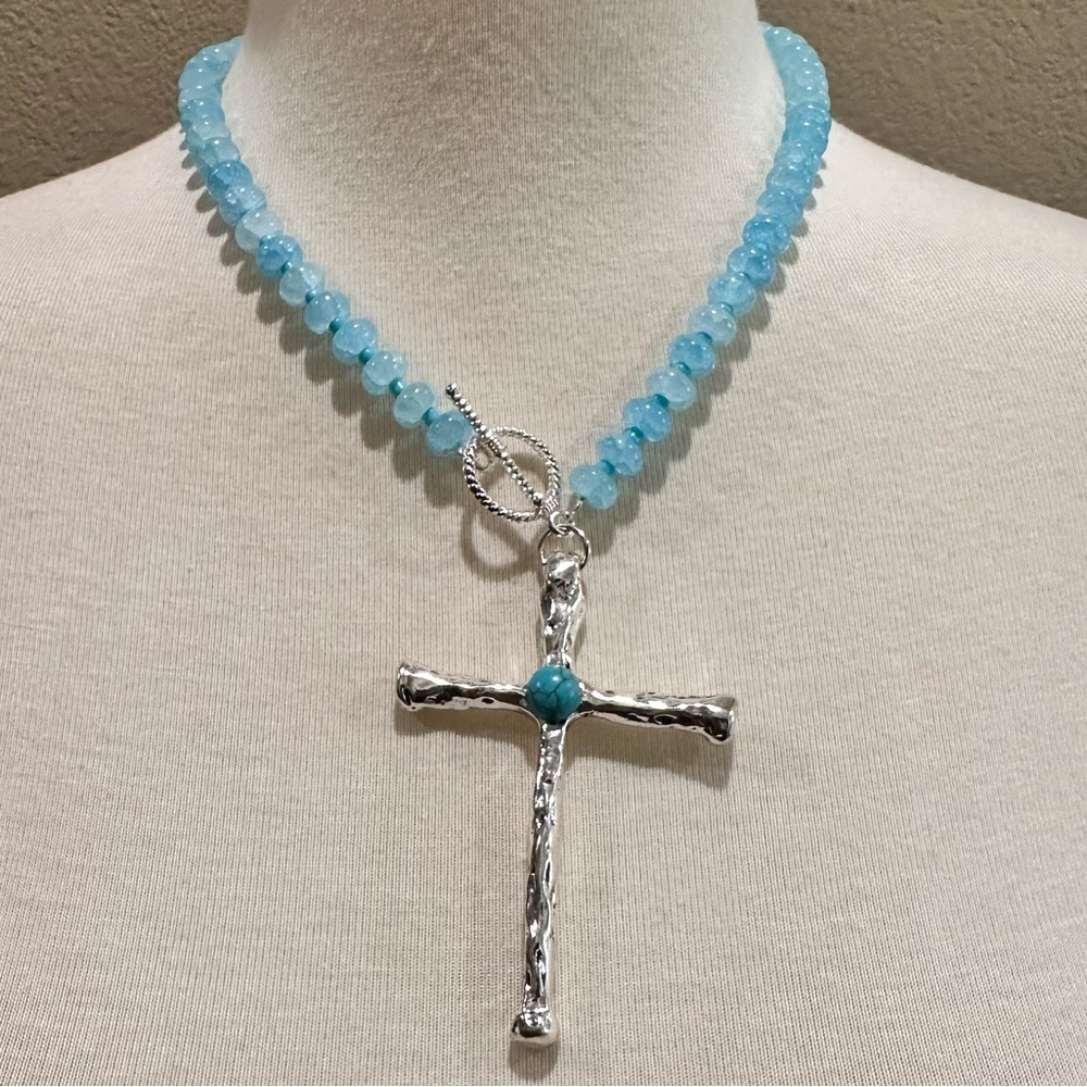 Necklace Silver Turquoise Blue Glass Handmade Beaded Cross New! Toggle Jewelry